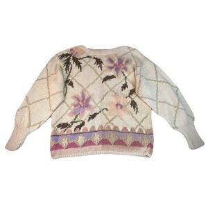 VTG Jennifer Reed Sweater Sz S Hand Knitted Cottage Core Granny Floral Cream